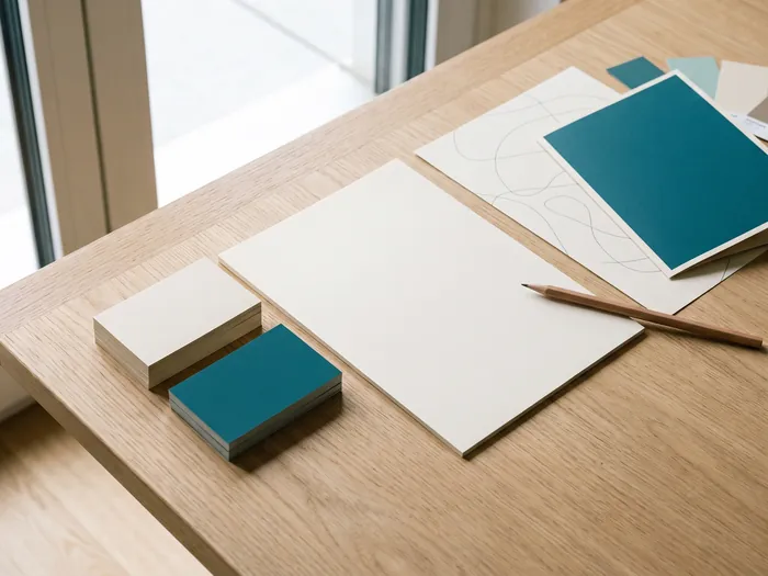 Visitenkarten, Briefpapier und Farbmuster in Creme und Petrol auf einem Eichentisch