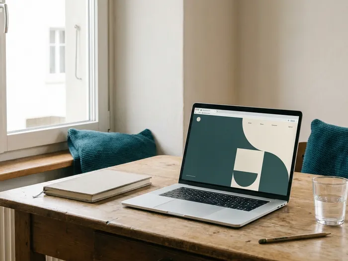 Laptop mit einer schlichten Website auf einem Holztisch am Fenster